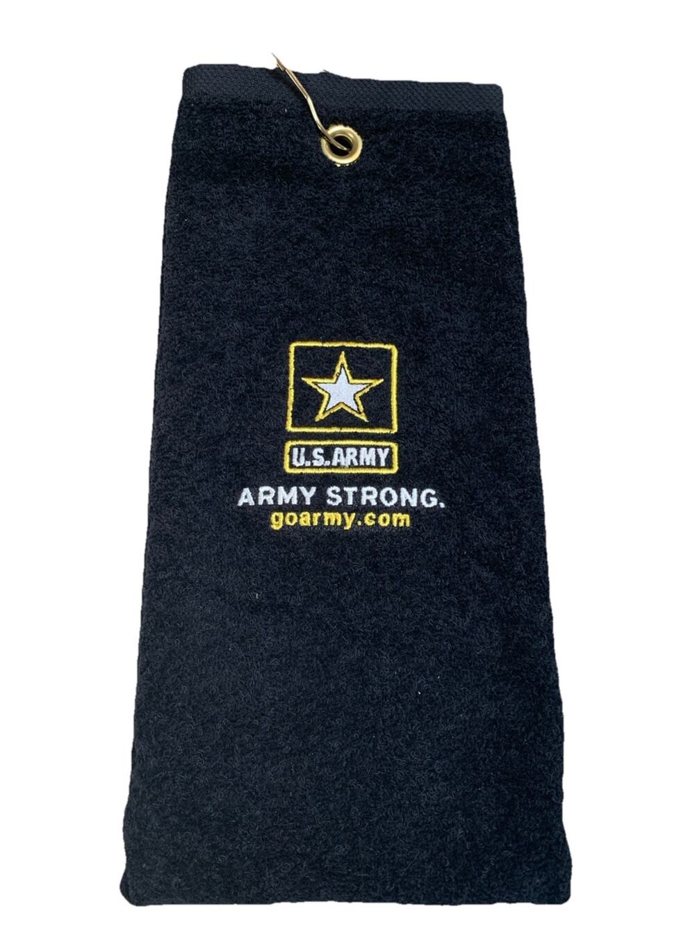 U.S. ARMY Golf Towel Tri-Fold ARMY STRONG Embroidered Black Towel W/Gold & White